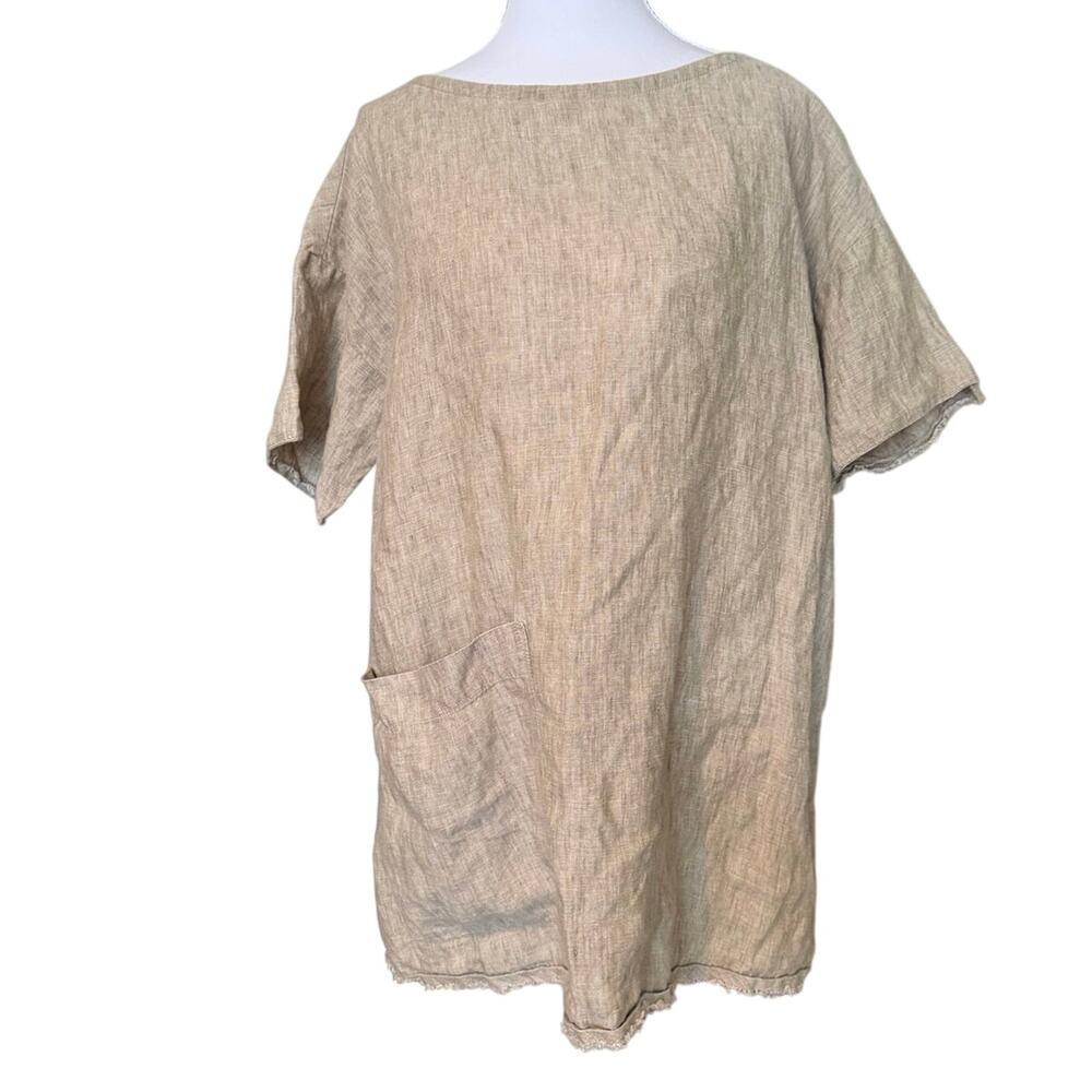 Eileen Fisher 100% Linen Tunic Top Beige Minimalist Pocket Boxy Relaxed Fit